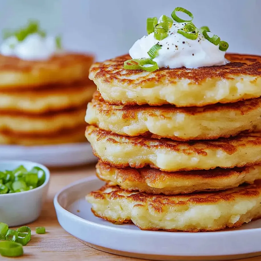 Golden mashed potato patties stacked with sour cream topping.