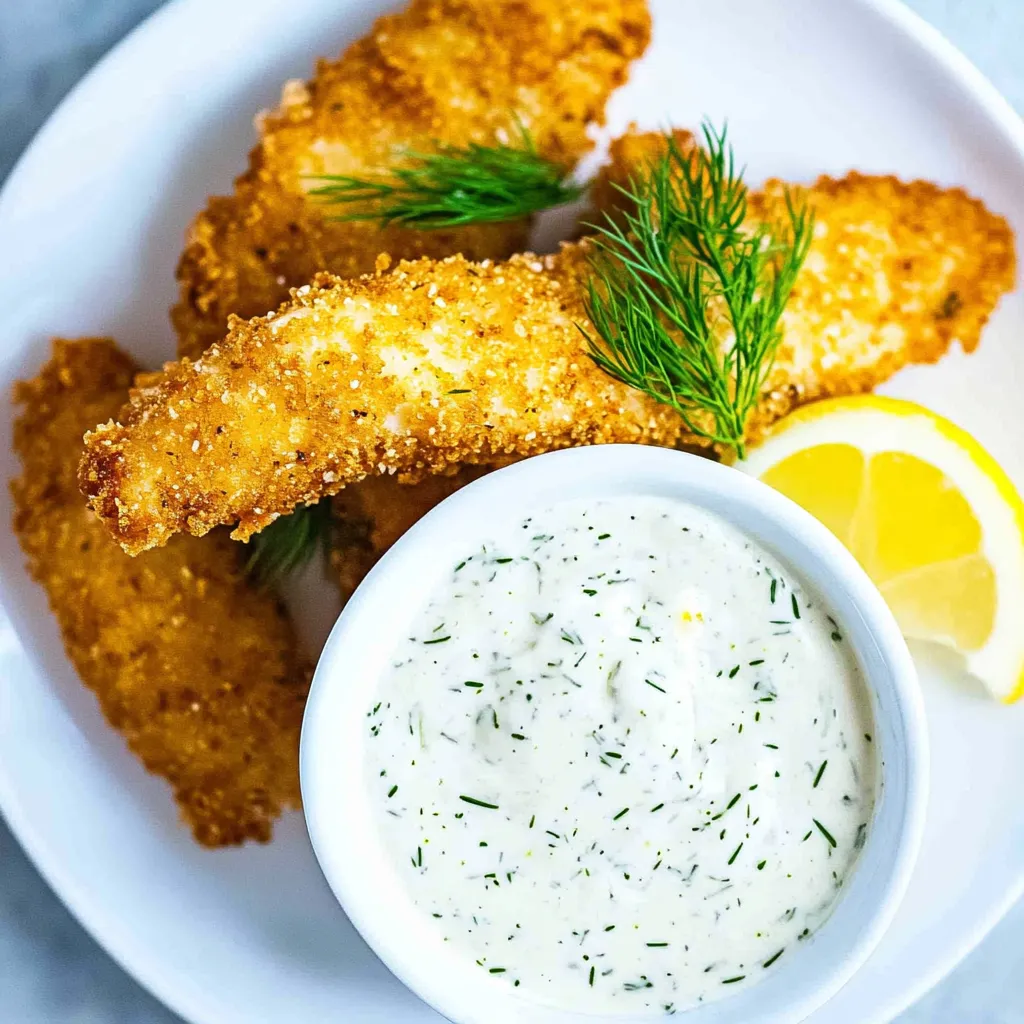 A bowl of creamy tartar sauce beside crispy breaded fish on a white plate.
