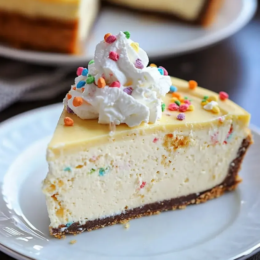 A slice of cheesecake sprinkled with colorful decor and topped with a whipped cream swirl.