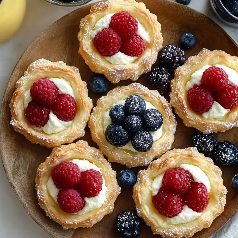 A platter filled with flaky pastries topped with fresh fruit and cream cheese.