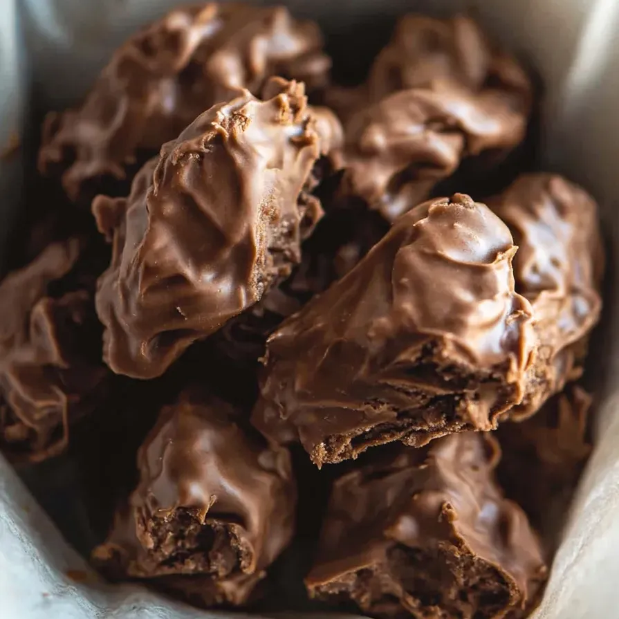 A bowl of caramel-filled bars coated in chocolate.