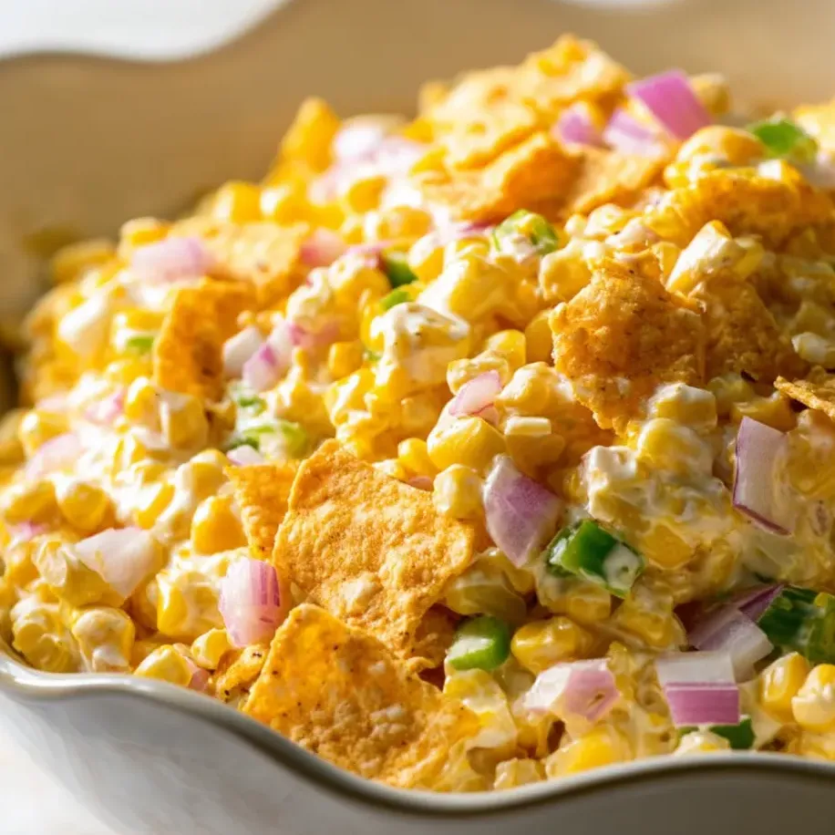 A bowl filled with colorful Frito Corn Salad.