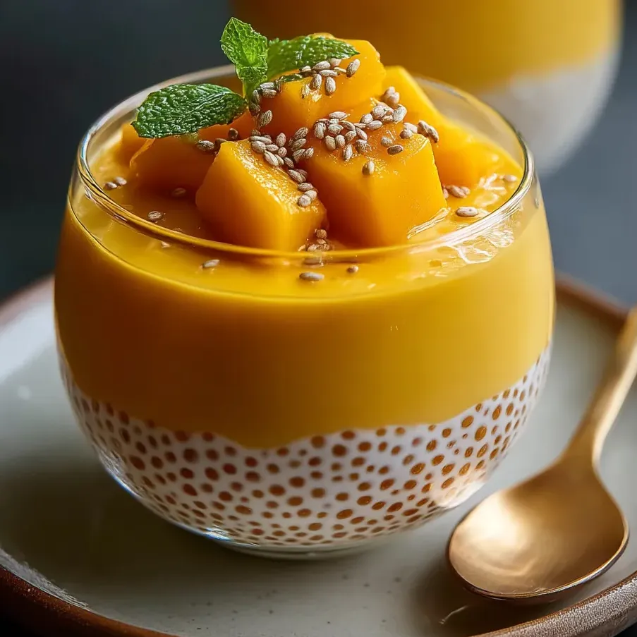 A bowl filled with creamy mango sago topped with juicy mango pieces.