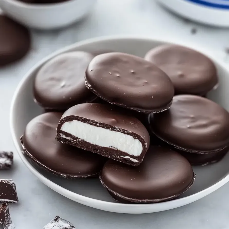 A dish stacked with chocolate-dipped mint candies.