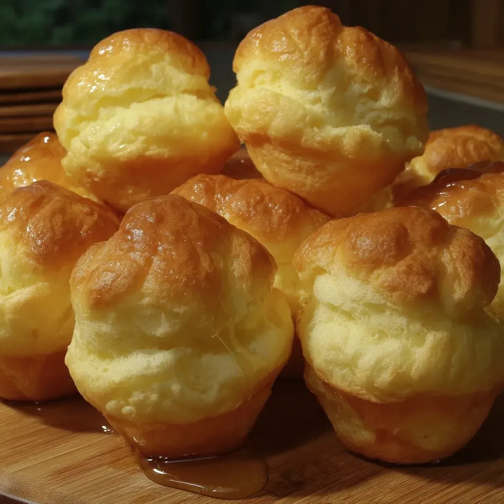 Light and airy golden puffs served on a rustic table.