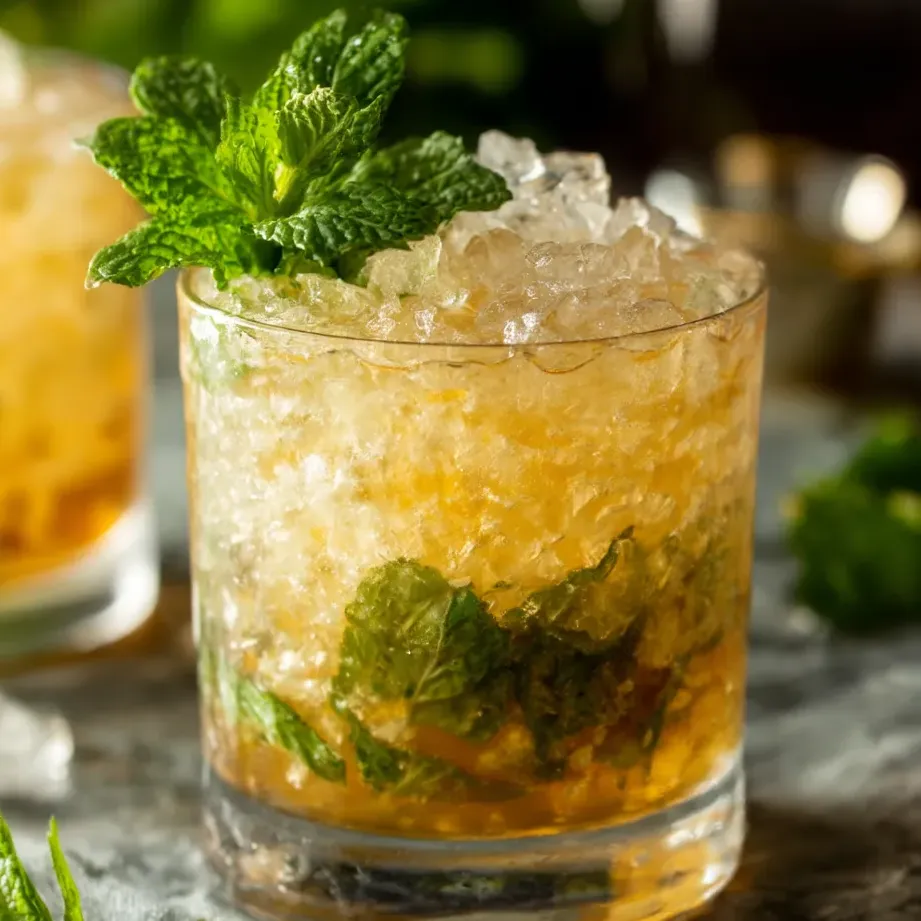 A cold Mint Julep cocktail topped with fresh mint.