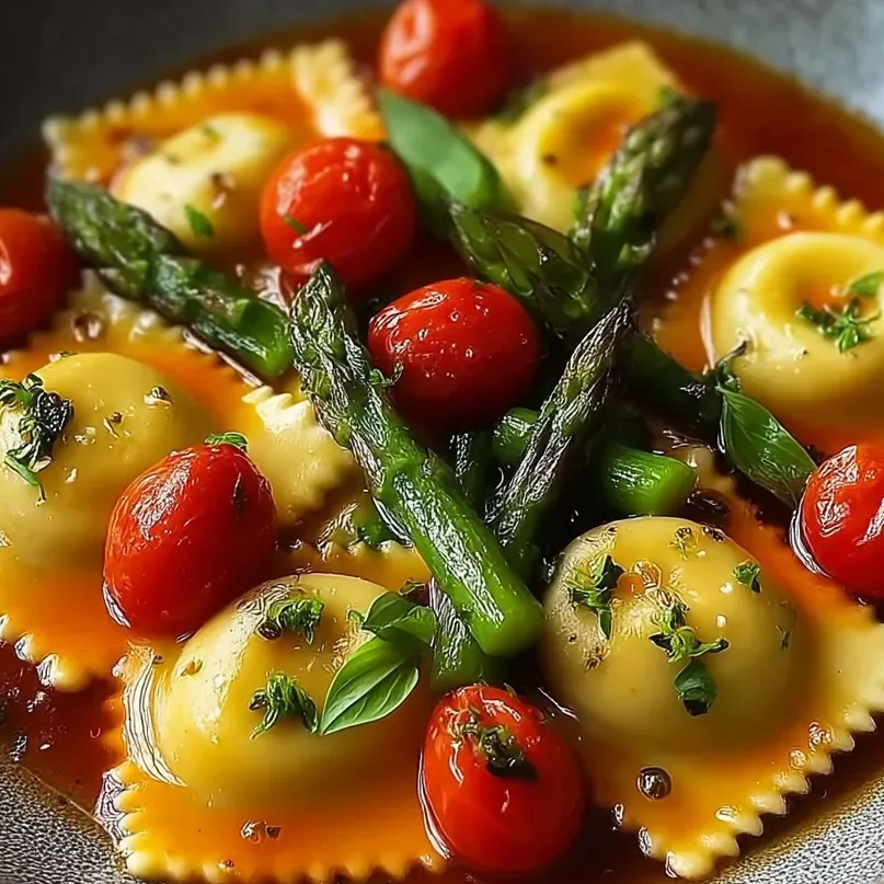 A bowl of ravioli topped with tomatoes and asparagus.