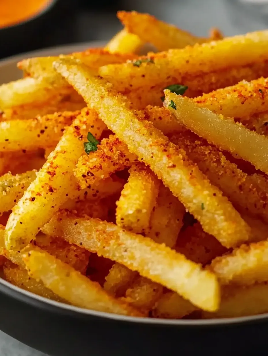 Fries covered with bright paprika and ready to eat.