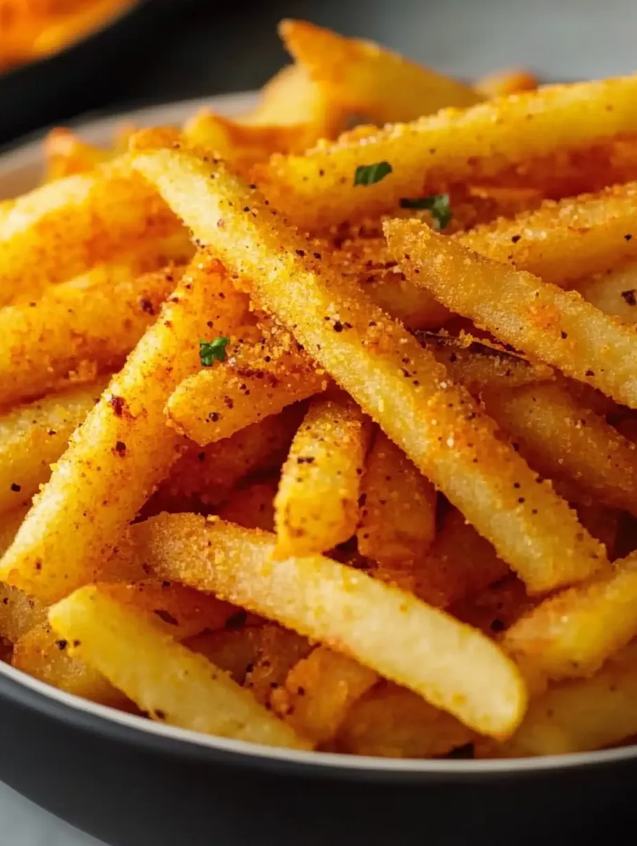 A plate stacked high with golden seasoned fries.