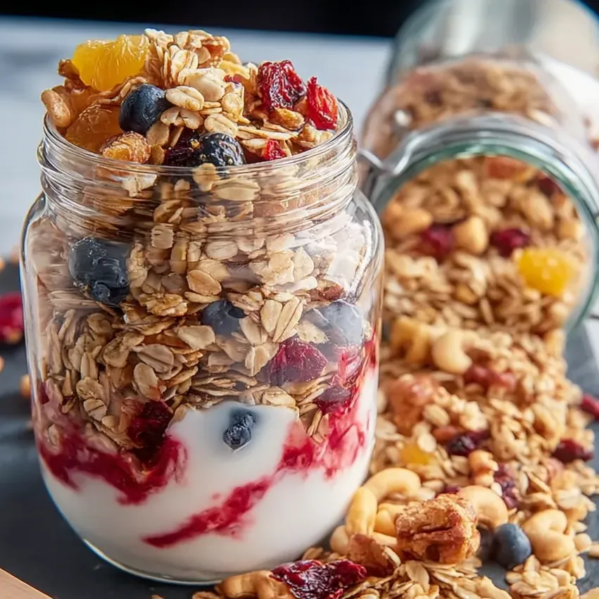 Granola jar with orange slices and blueberries.