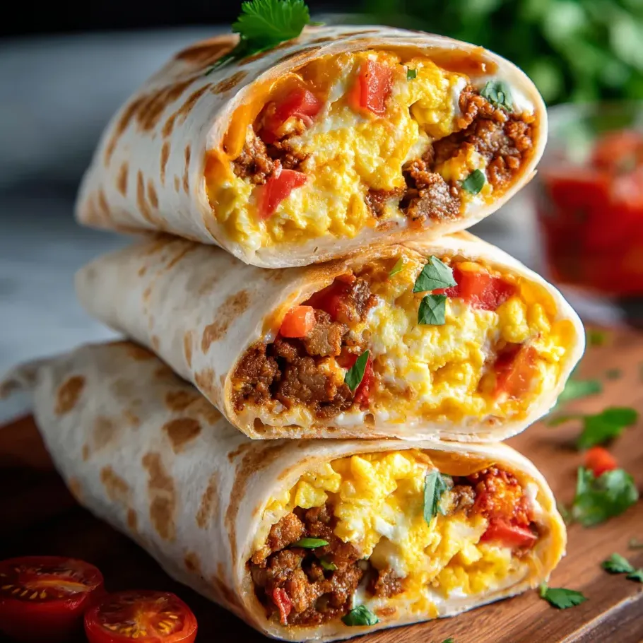 Three hearty burritos stacked together with veggies and meat inside.