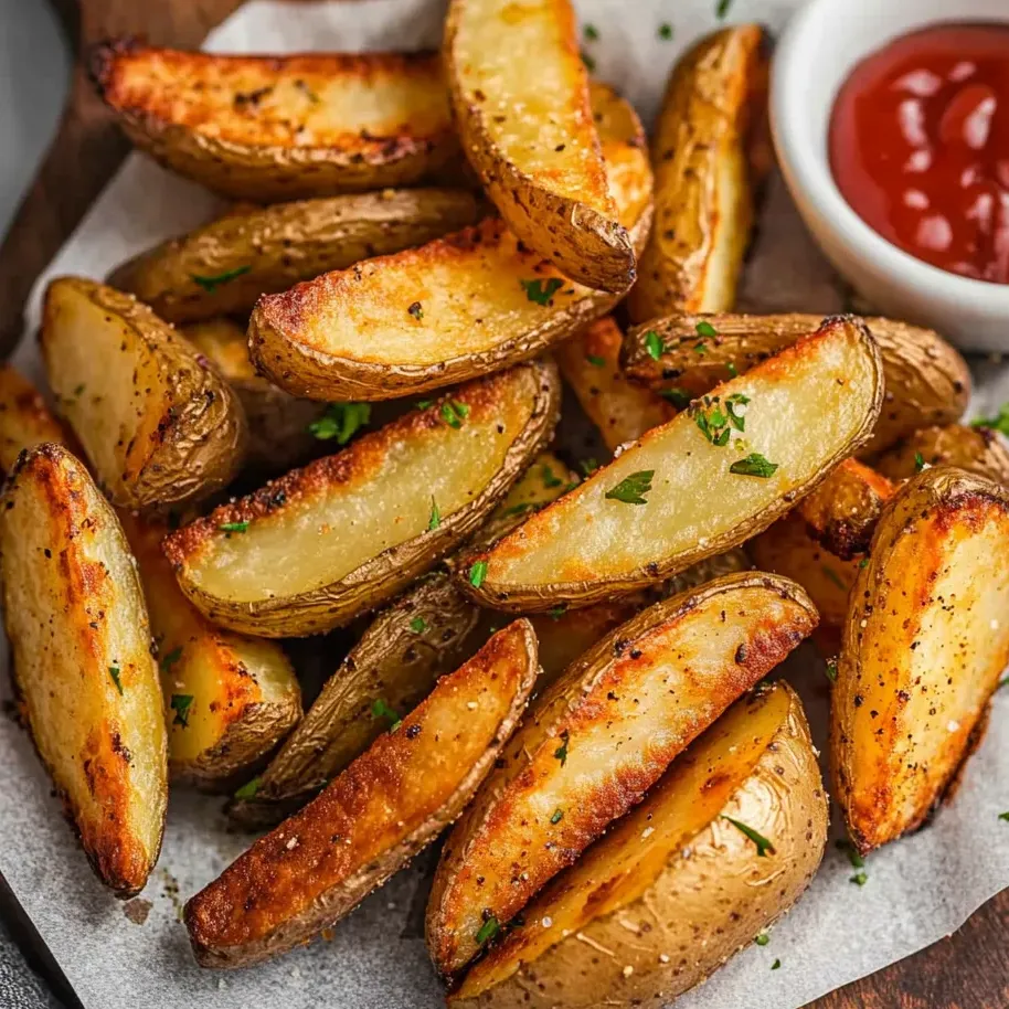 Crispy cut potatoes on a plate with ketchup.