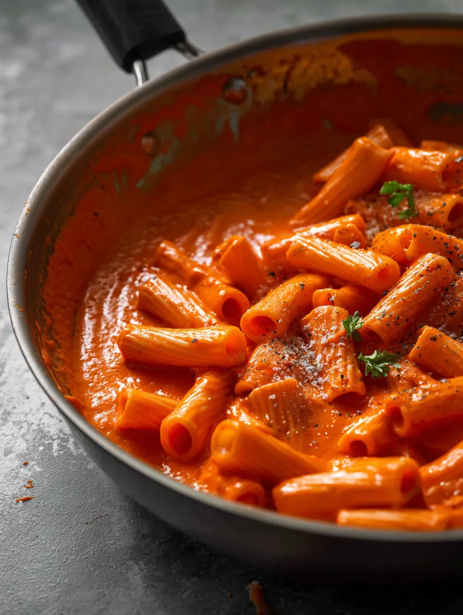 A pan filled with tomatoey pasta.