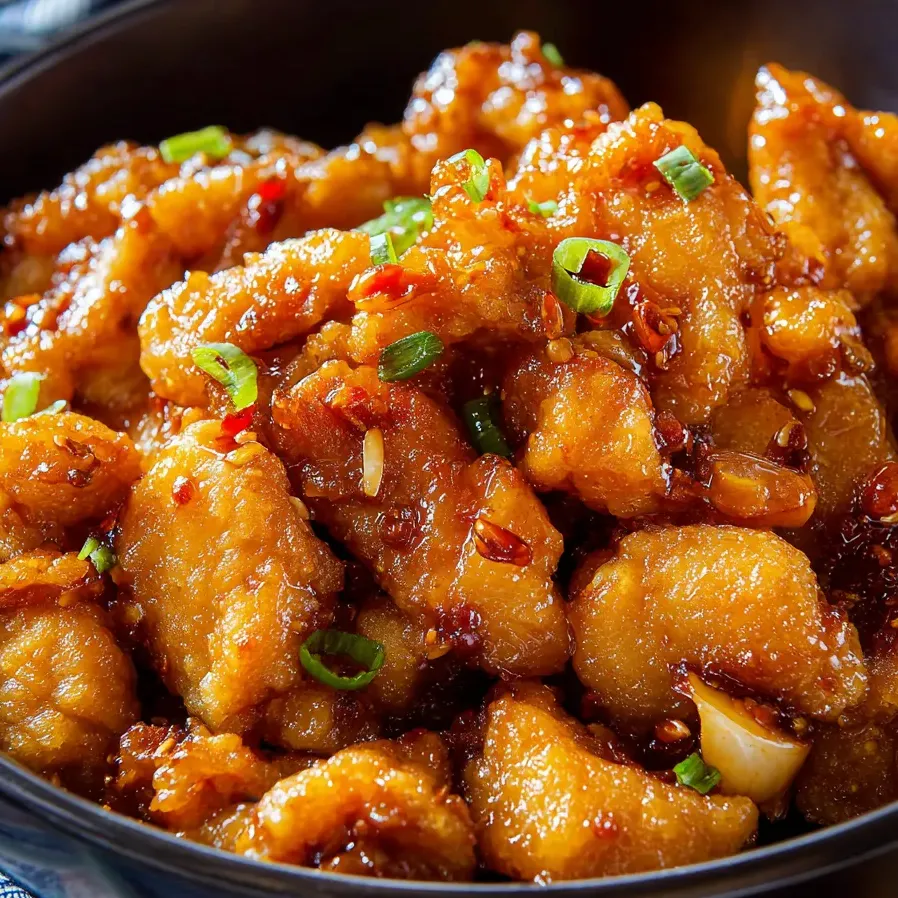 Chicken and green onions in a serving bowl.