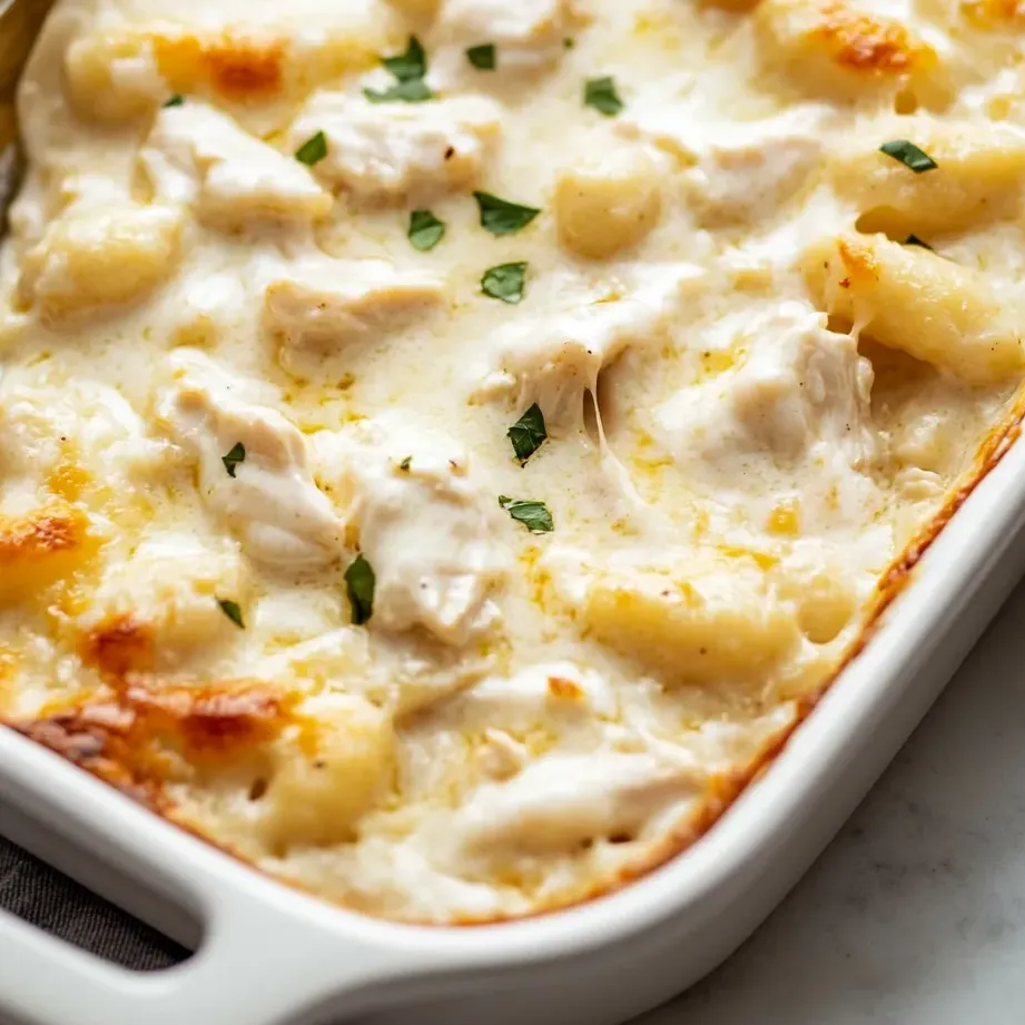 Cheesy chicken pasta bake on a plate.