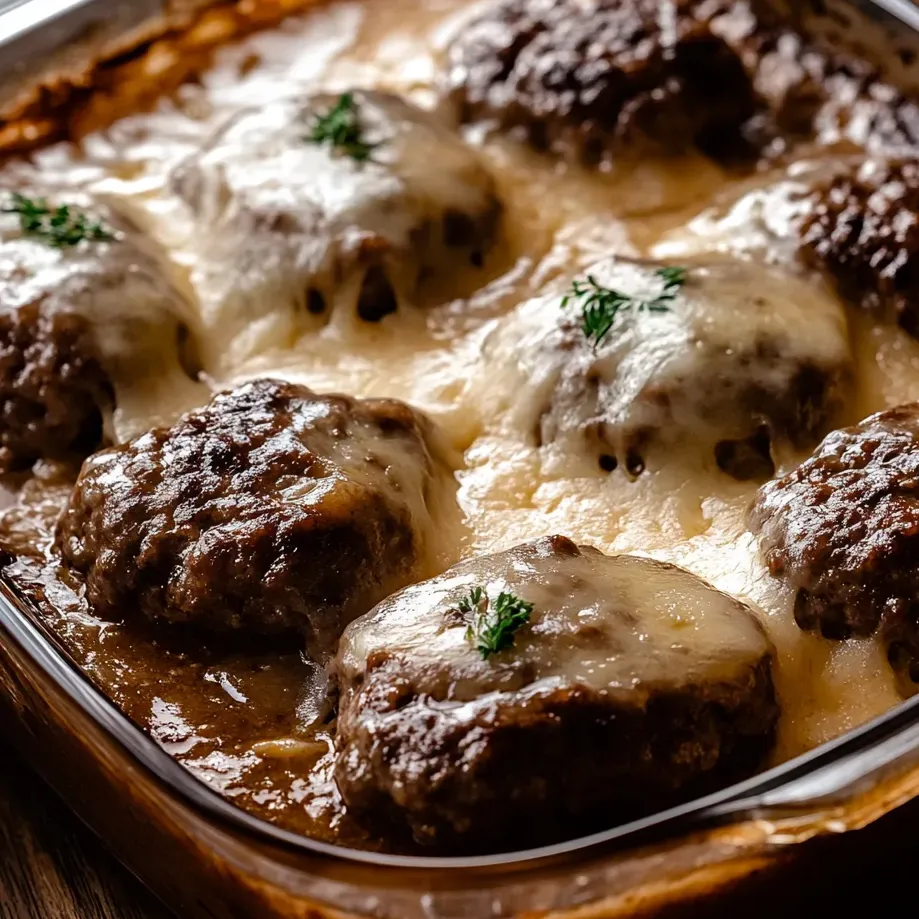 A casserole of saucy meatballs, golden cheese melted on top.