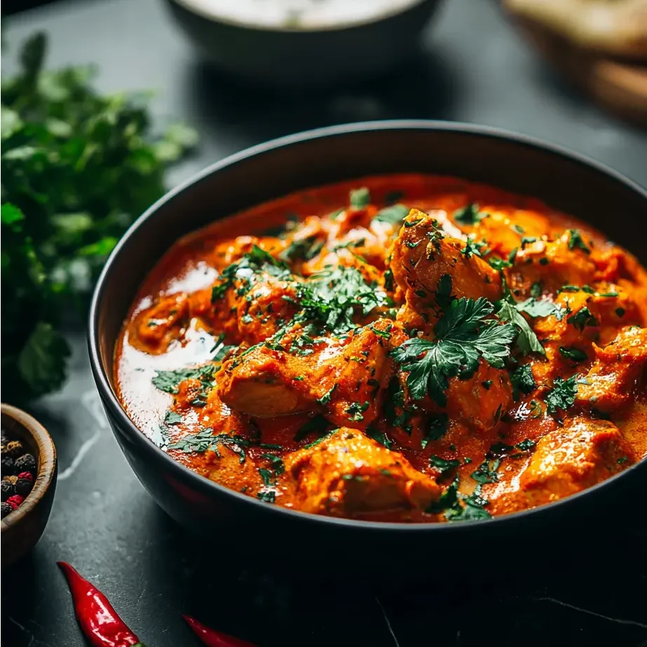 A bowl filled with chicken in curry sauce, topped with green herbs.