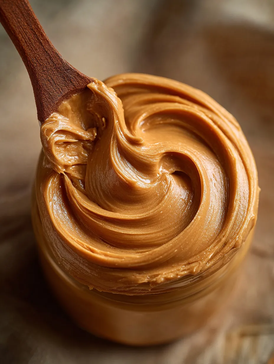 A jar of peanut butter with a wooden spoon in it.