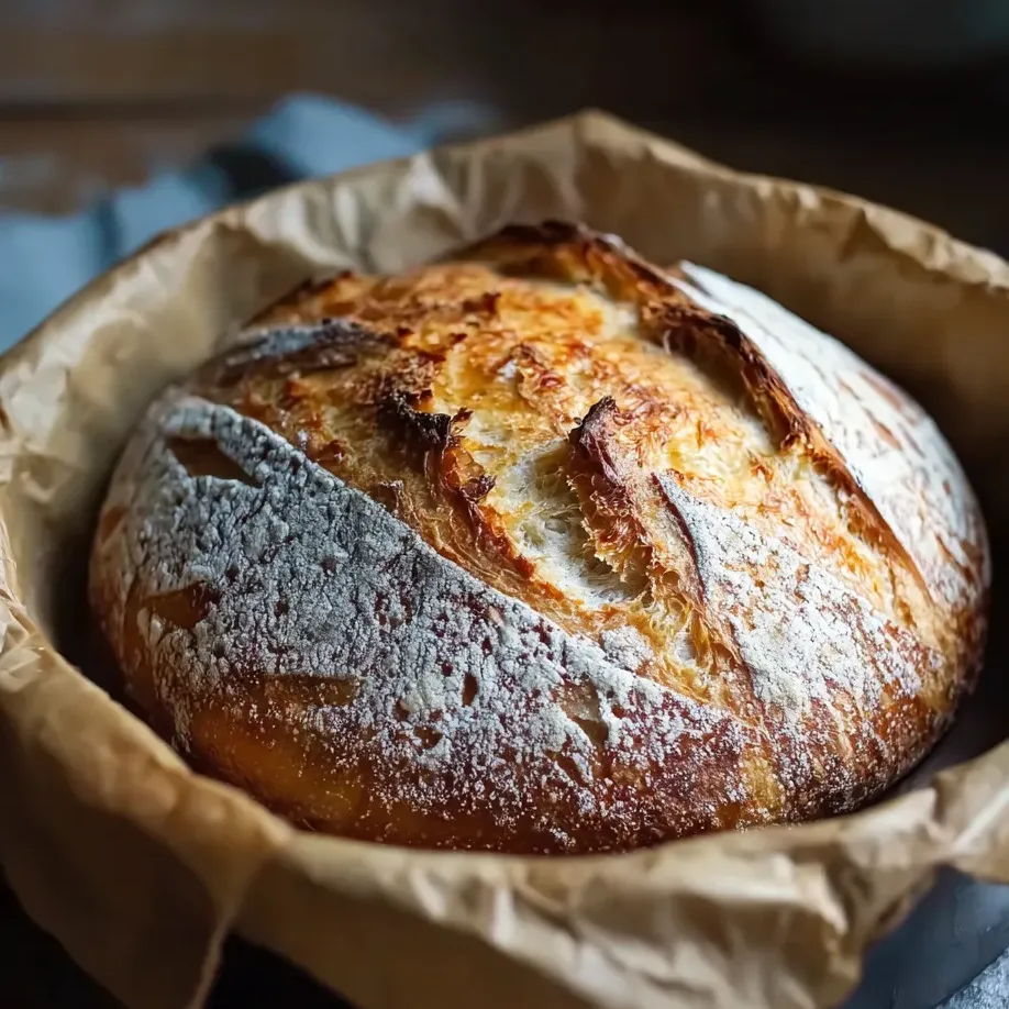 A rustic loaf rests on a napkin.