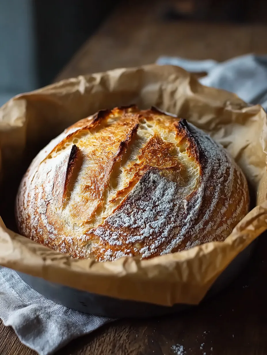 A rustic bread loaf resting on a kitchen table.