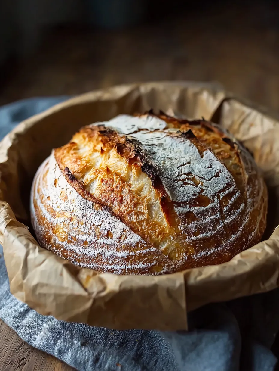 A crusty bread loaf sitting in a basket.