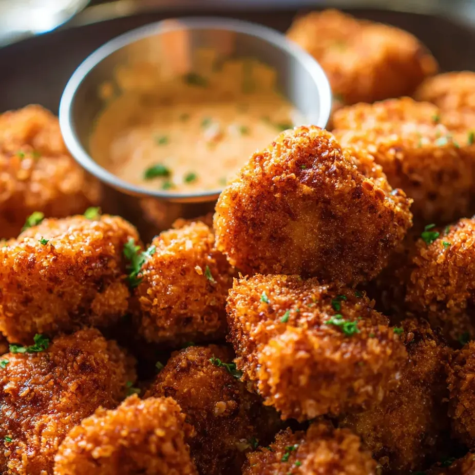 A bowl packed with crispy chicken pieces and dipping sauce.