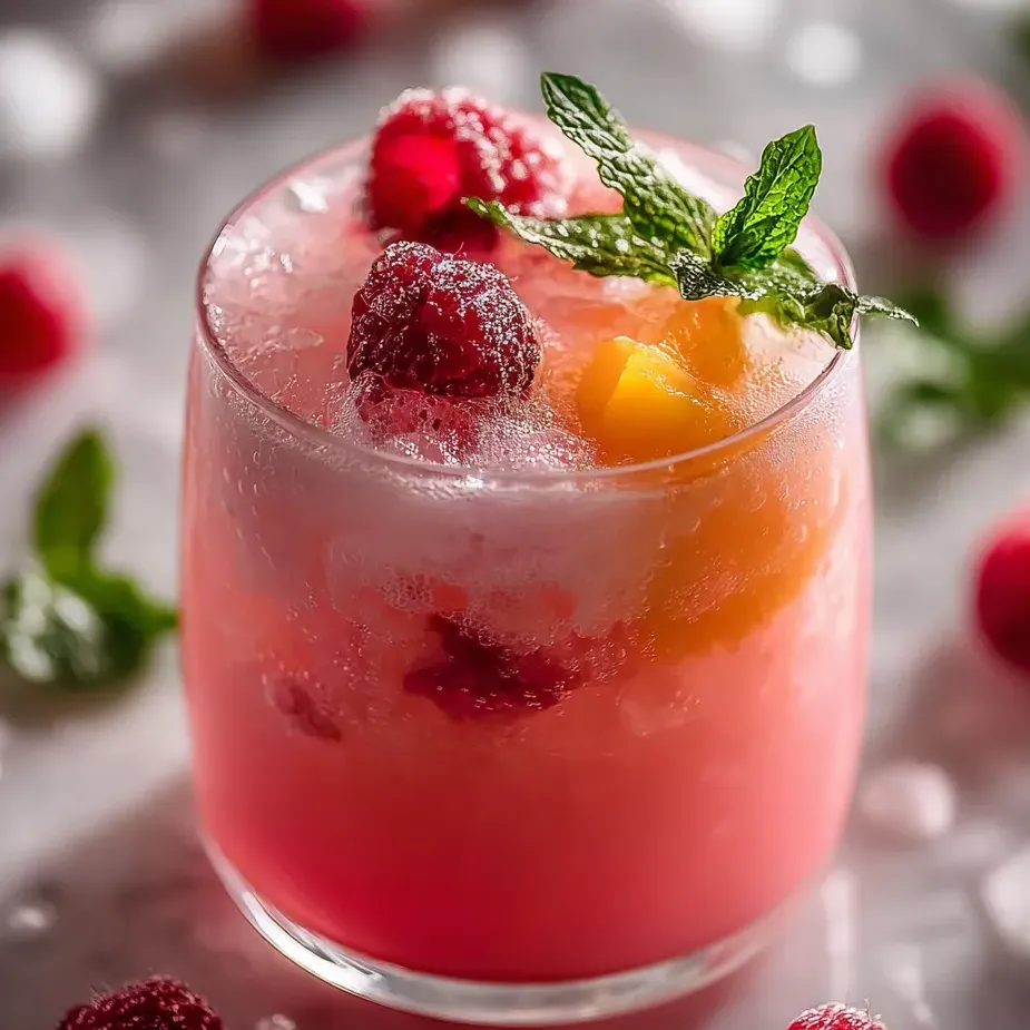 Glass of pink drink with a sprig of mint.