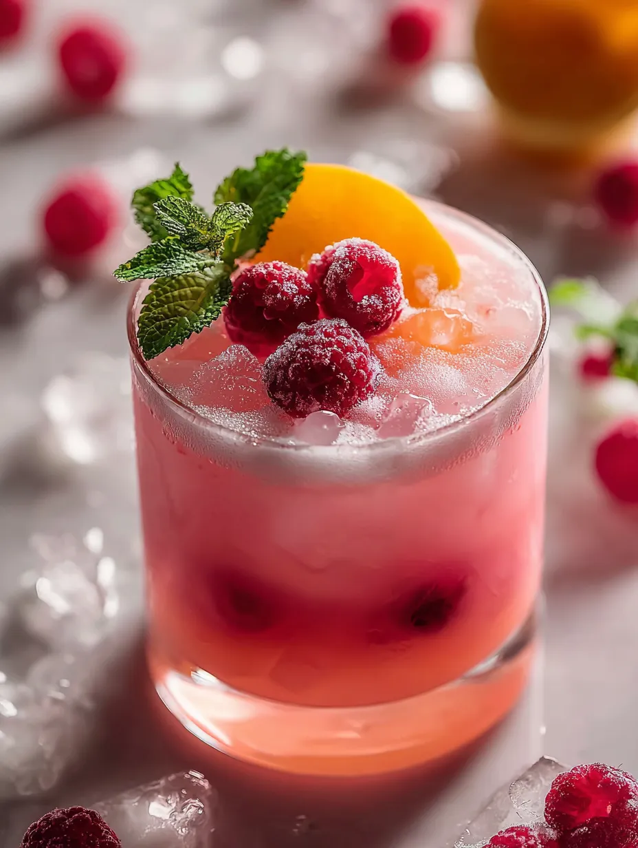 A frosty pink drink in a glass with an orange wedge and raspberry up top.