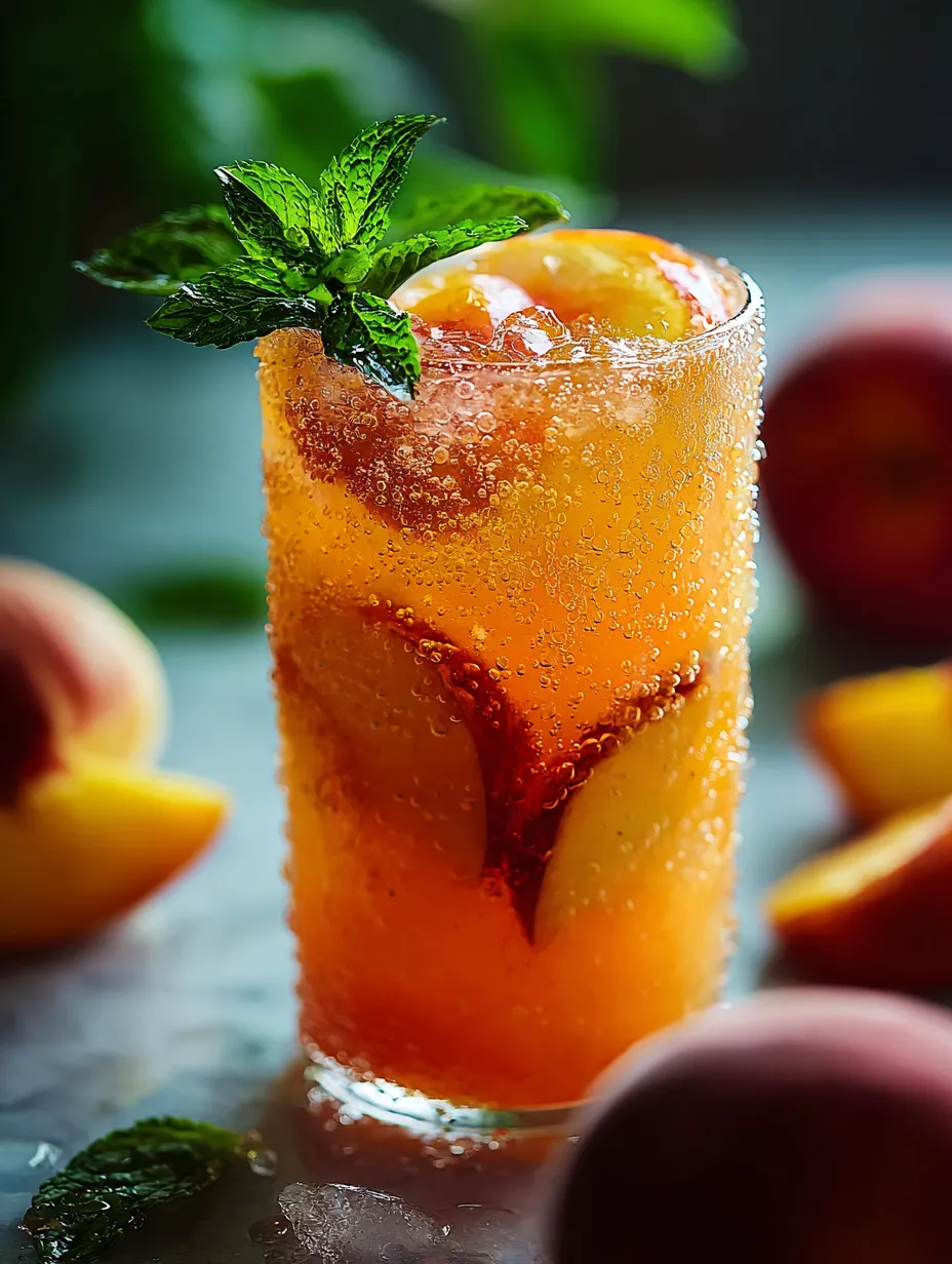Glass of orange juice with a spring of mint on top.