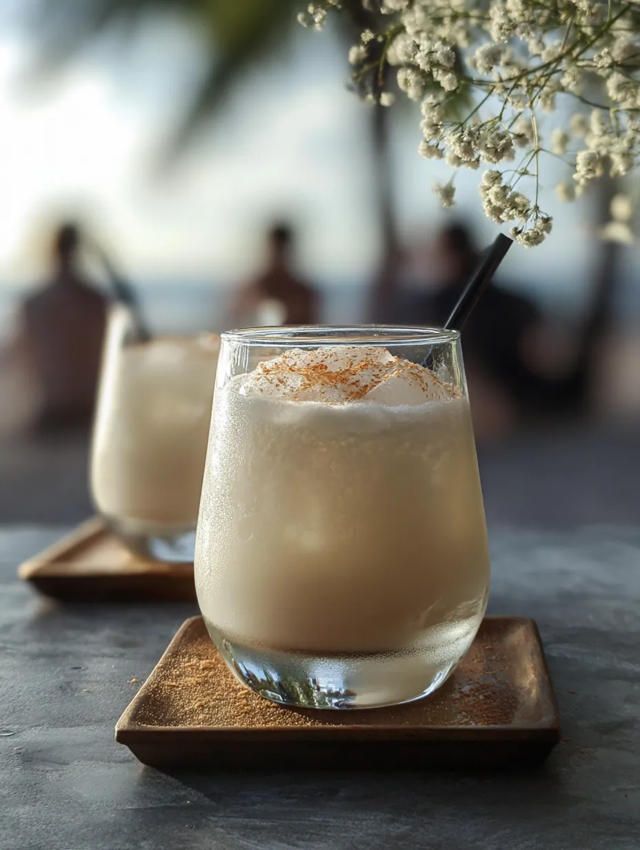 Two white coconut drinks in glasses with straws.