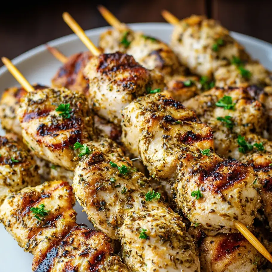 Chicken skewers garnished with bright green herbs.
