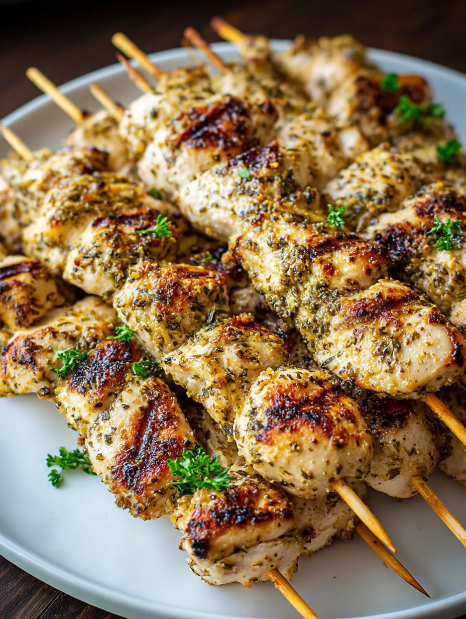 Chicken kebabs on a plate finished with herbs.