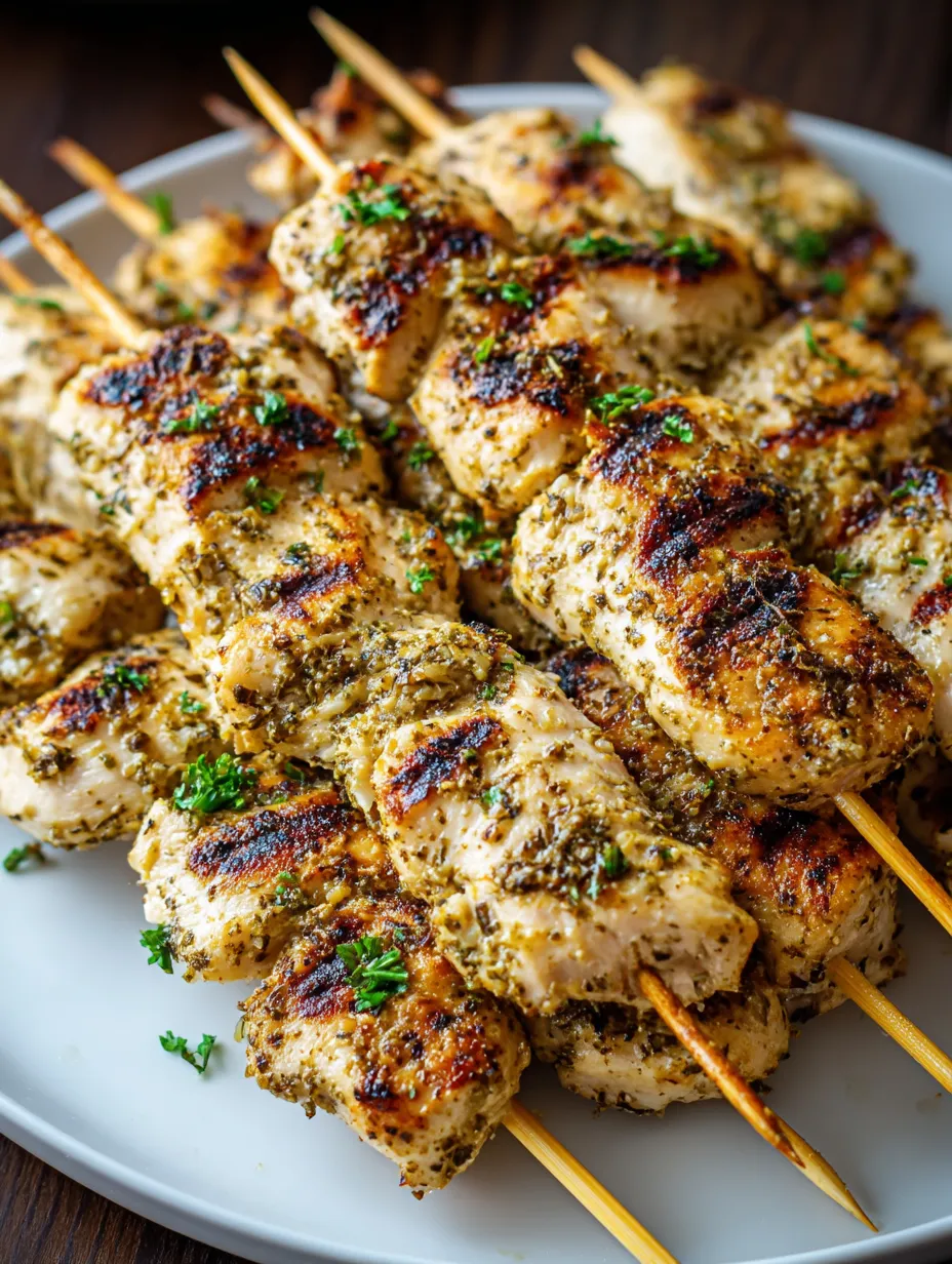 Chicken kebabs packed with herbs and spice on a plate.