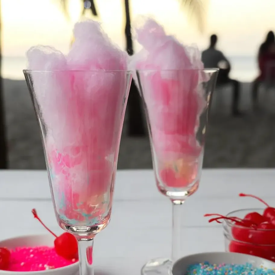 Glasses filled with bubbly pink cotton candy.