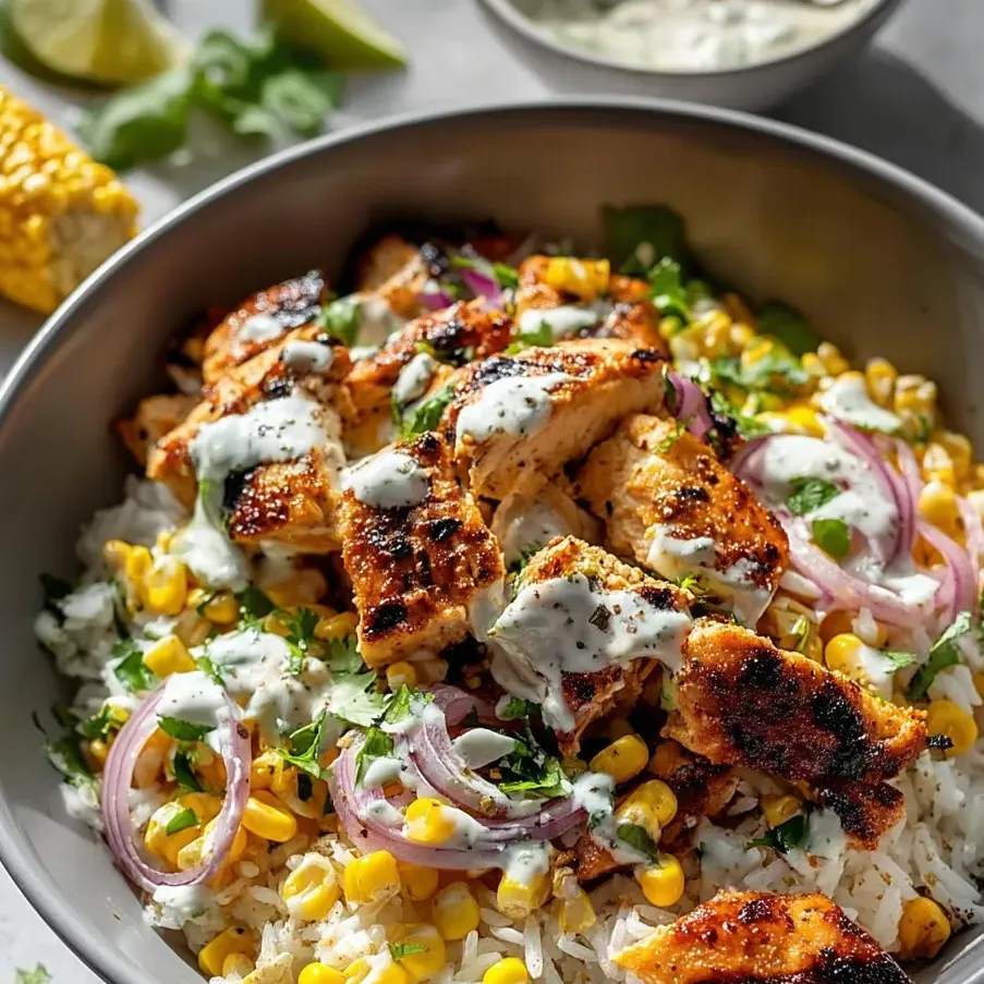 A bowl packed with chicken, corn, and onions.