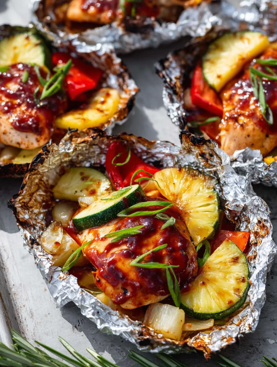 A foil-wrapped chicken piece with pineapple and zucchini on top, just off the grill.