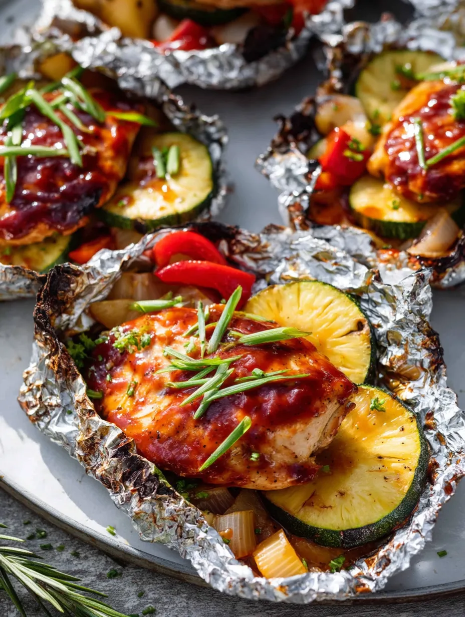 Chicken tucked in foil, topped with pineapple, ready for grilling.