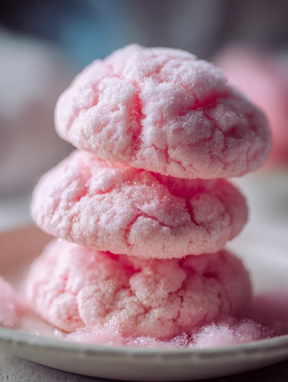 Pink frosted cookies stacked up in a pile.