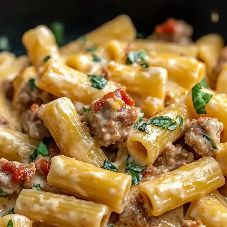 A bowl of pasta with meat and veggies tucked in.