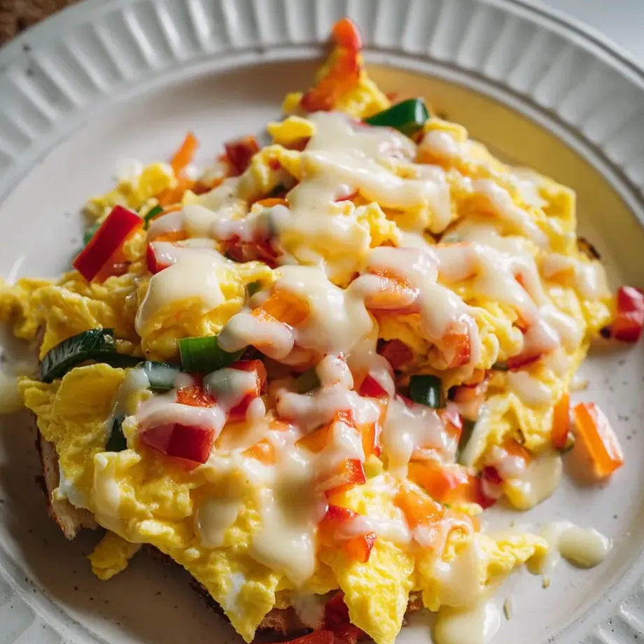 A plate holding eggs with veggies and a crispy fried egg on top.