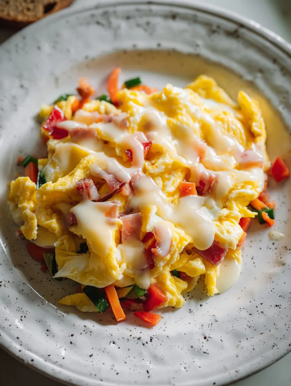 Breakfast plate with ham and gooey cheese.
