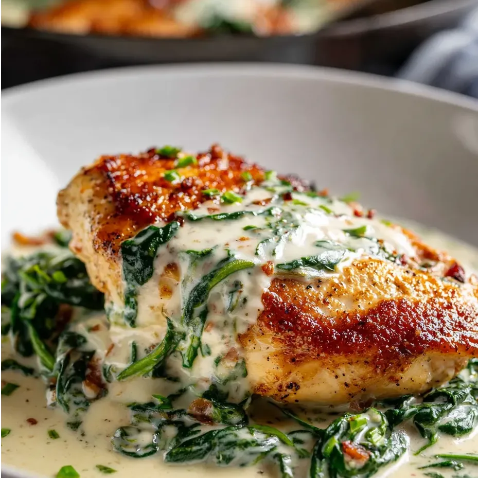 Chicken with greens on a plate.