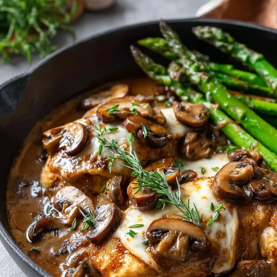 A skillet loaded with mushrooms, chicken, and bright green asparagus.