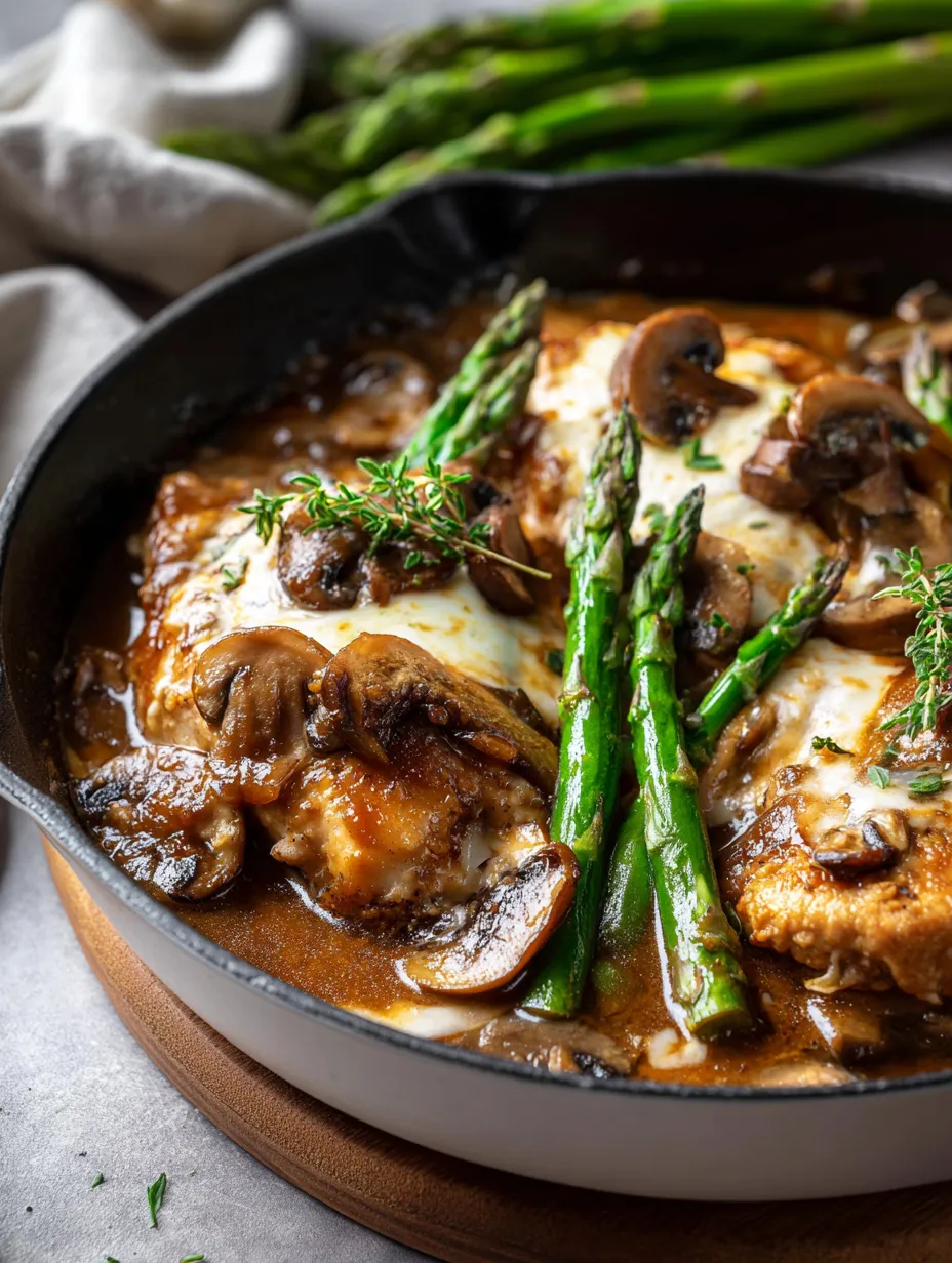 A pan of food with mushrooms and asparagus.