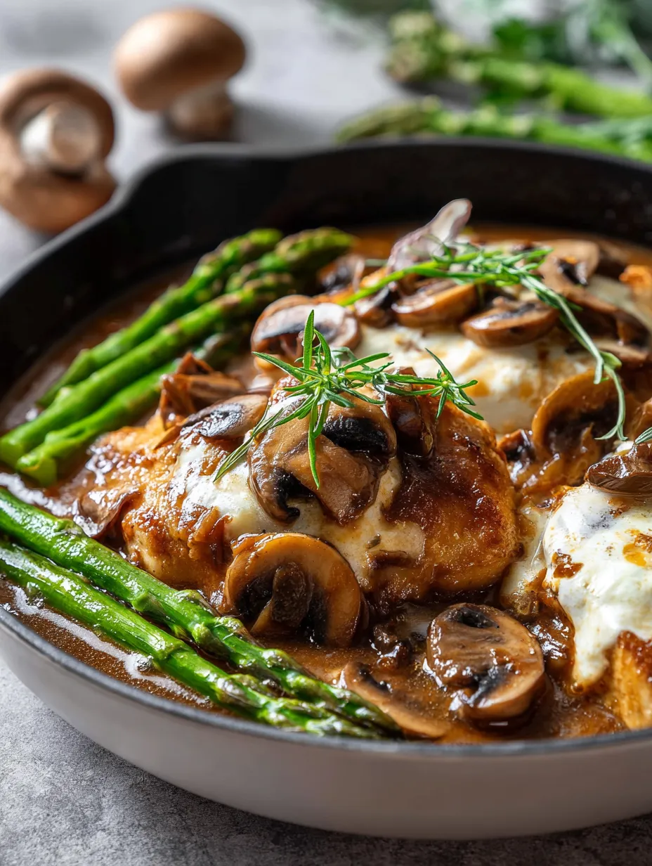 A plate of food with mushrooms and asparagus.