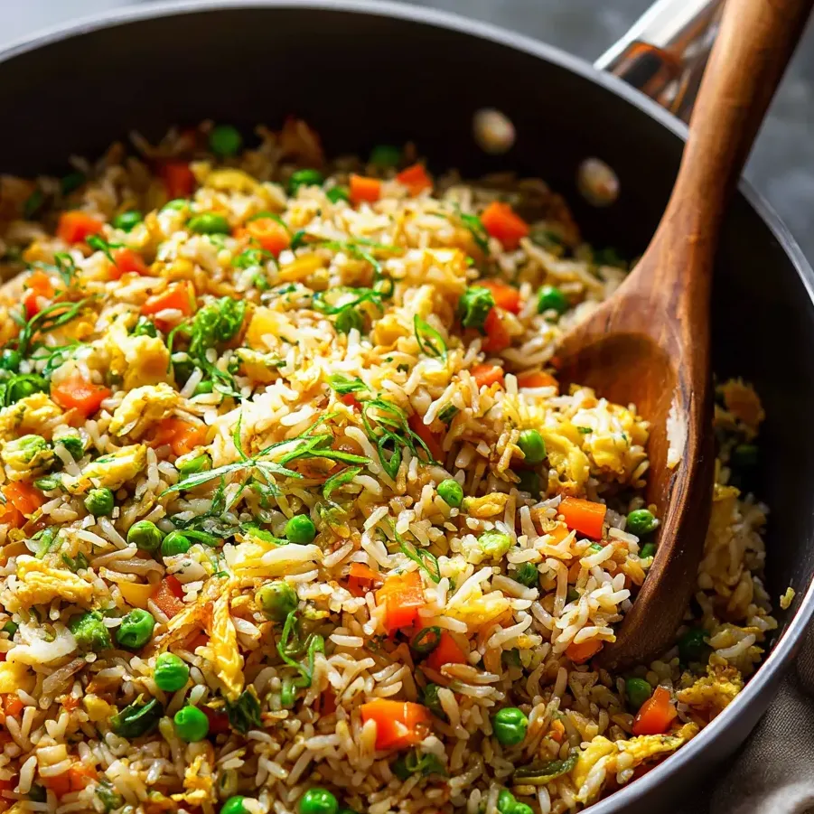 Rice with peas and carrots in a big pan.