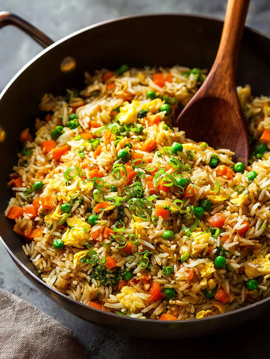 A pan of rice with peas and carrots.
