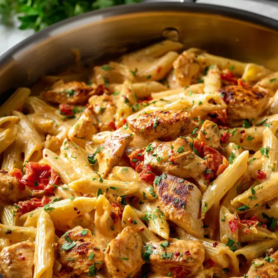 A bowl of pasta with chicken and red peppers.