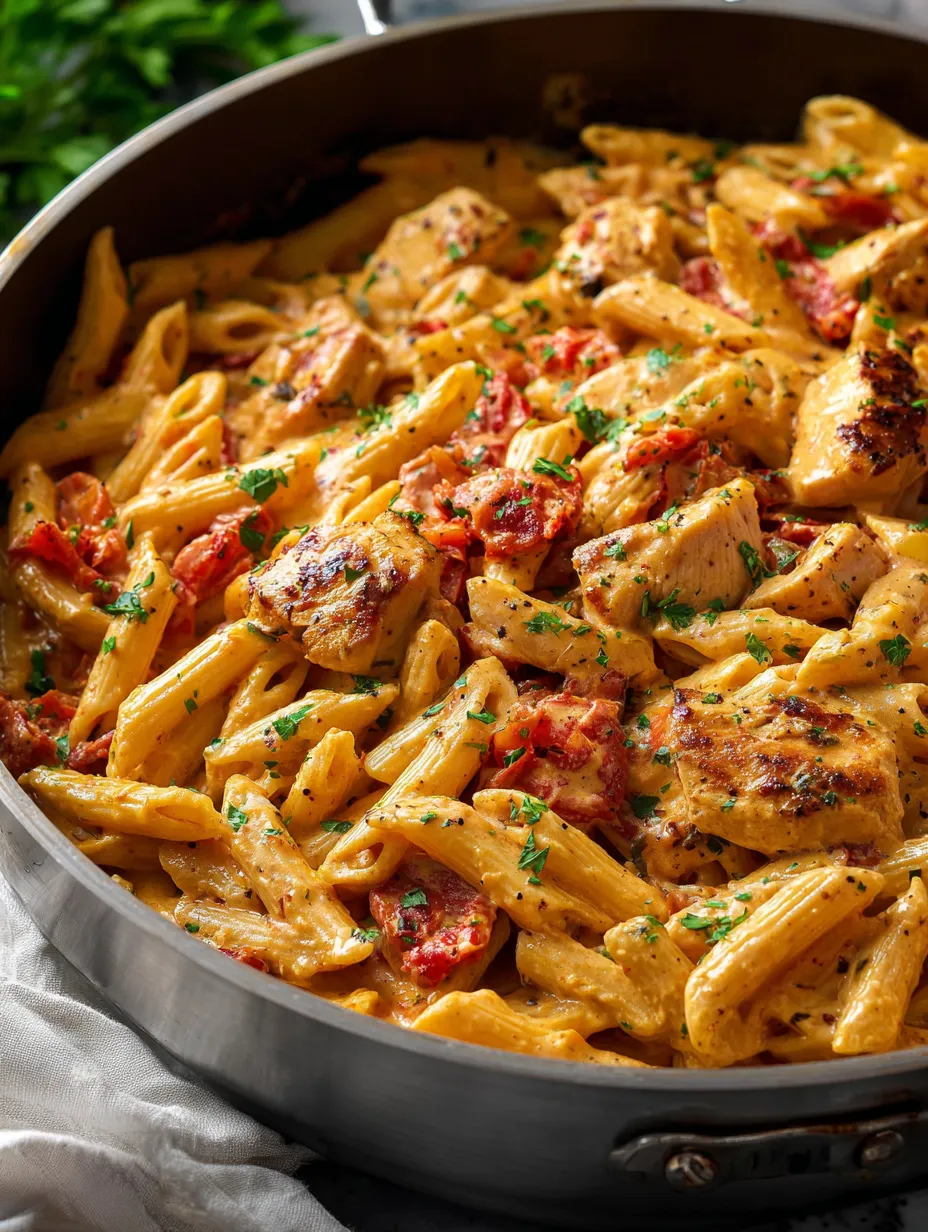 A pan of pasta with chicken and tomatoes.