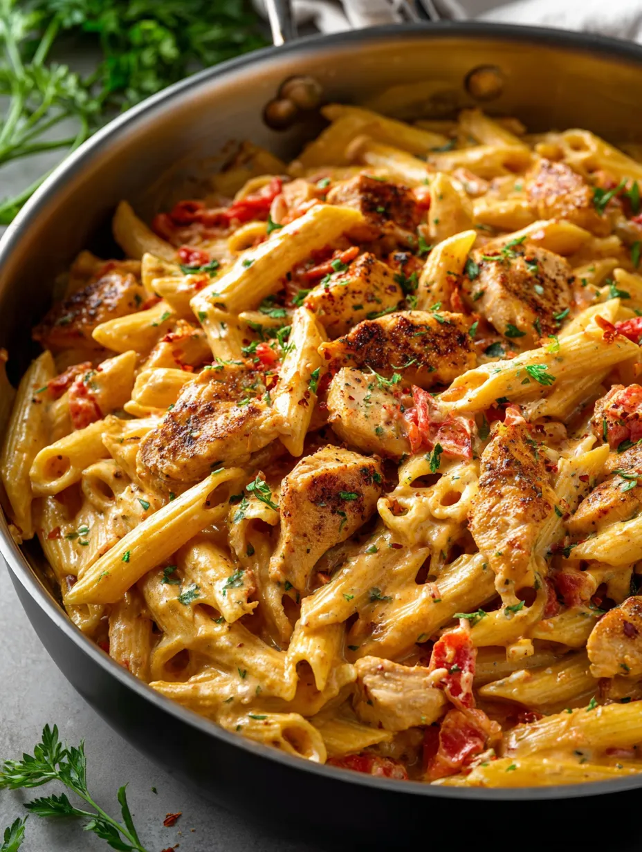 A bowl of pasta with chicken and tomatoes.